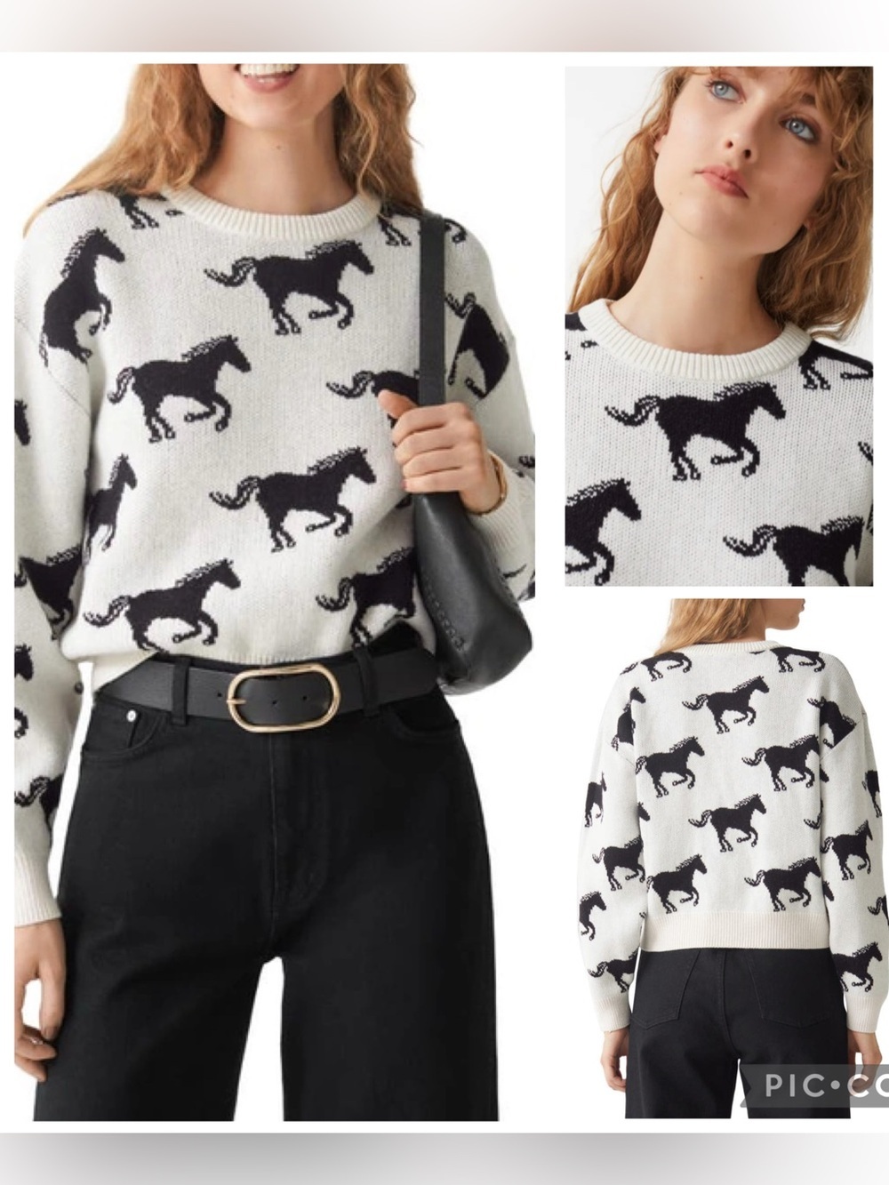 & Other Stories Ivory Black Horse Sweater Wool Blend Equestrian Crewneck Size M